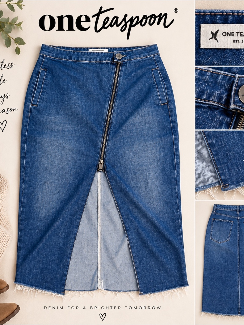 One Teaspoon Women's Mid Blue Straight Leg Denim Skirt with Front Zip